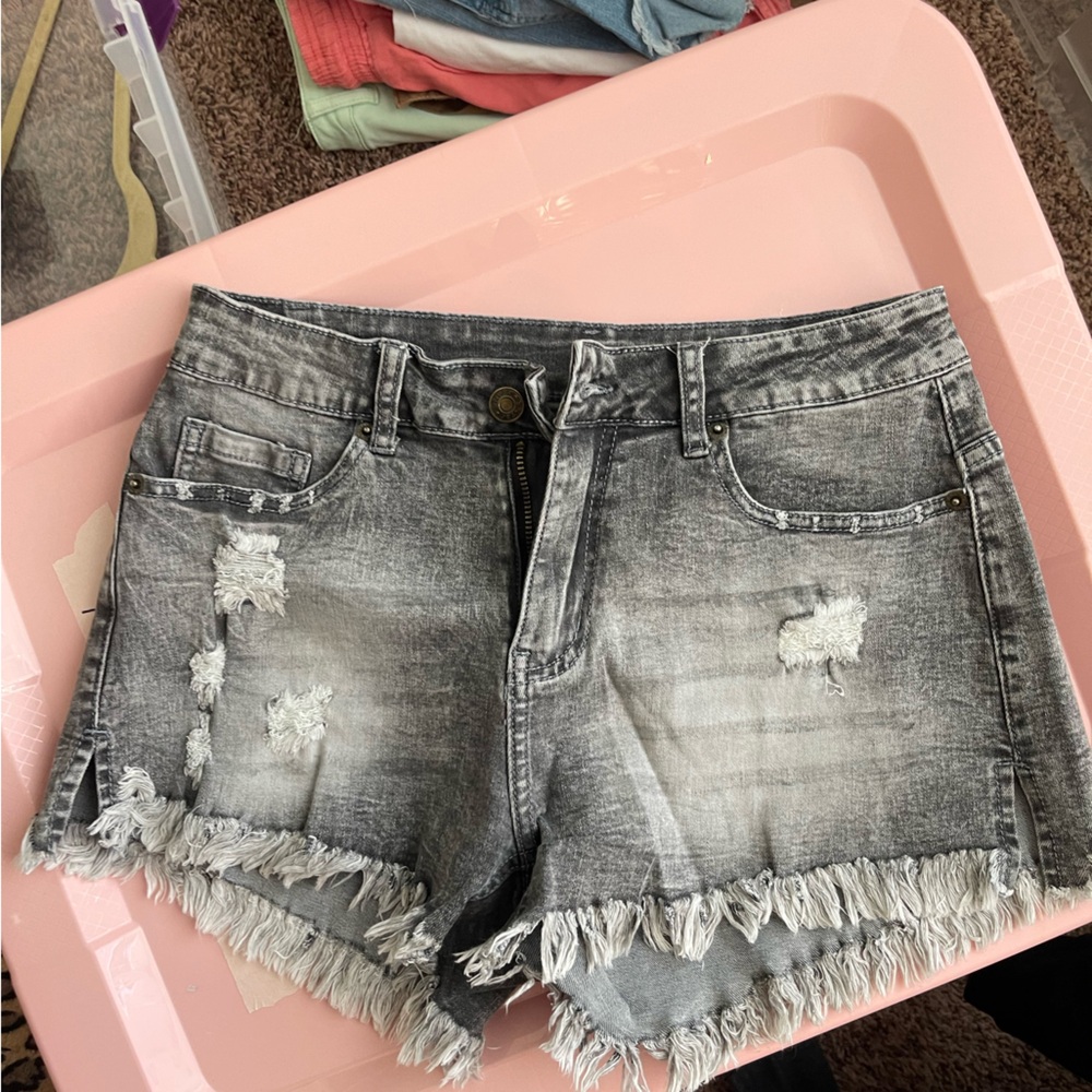 Black distressed denim shorts